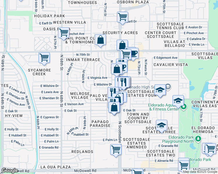 map of restaurants, bars, coffee shops, grocery stores, and more near 2424 North 71st Street in Scottsdale