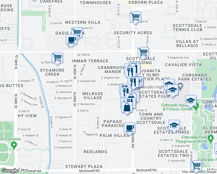 map of restaurants, bars, coffee shops, grocery stores, and more near 7001 East Wilshire Drive in Scottsdale