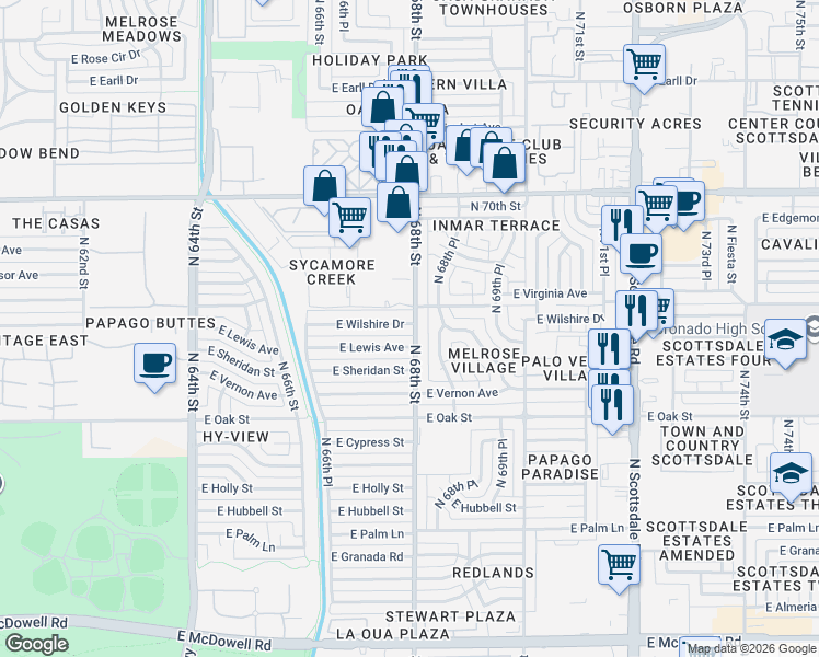 map of restaurants, bars, coffee shops, grocery stores, and more near 2521 North 68th Street in Scottsdale
