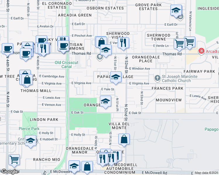 map of restaurants, bars, coffee shops, grocery stores, and more near 5033 East Yale Street in Phoenix