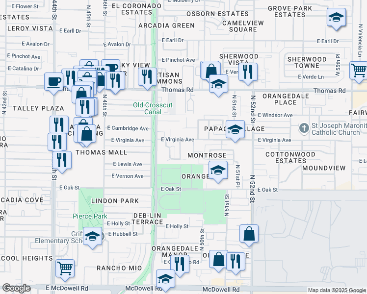 map of restaurants, bars, coffee shops, grocery stores, and more near 2530 North 49th Place in Phoenix