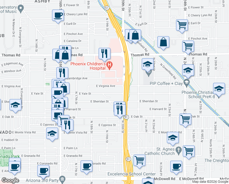 map of restaurants, bars, coffee shops, grocery stores, and more near 1935 East Yale Street in Phoenix