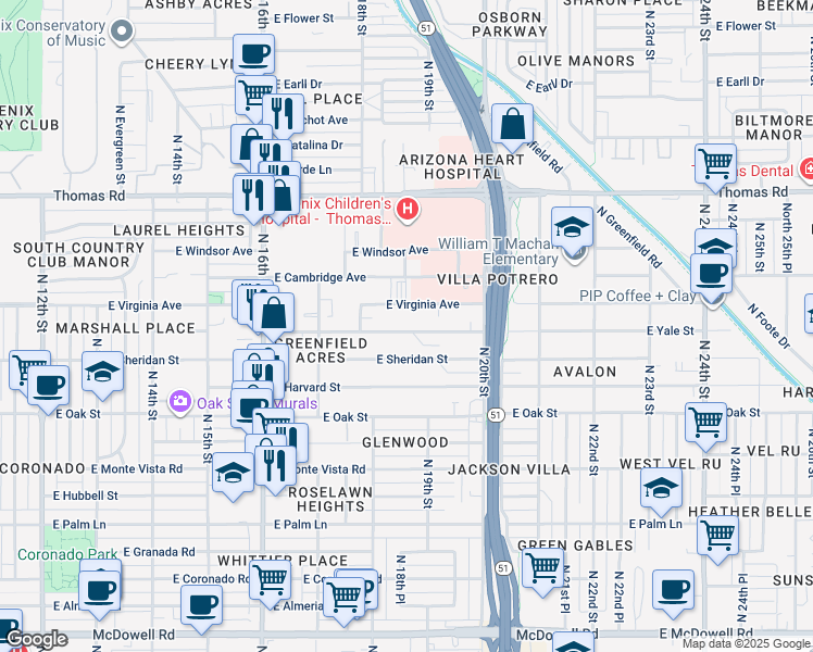 map of restaurants, bars, coffee shops, grocery stores, and more near 1821 East Yale Street in Phoenix