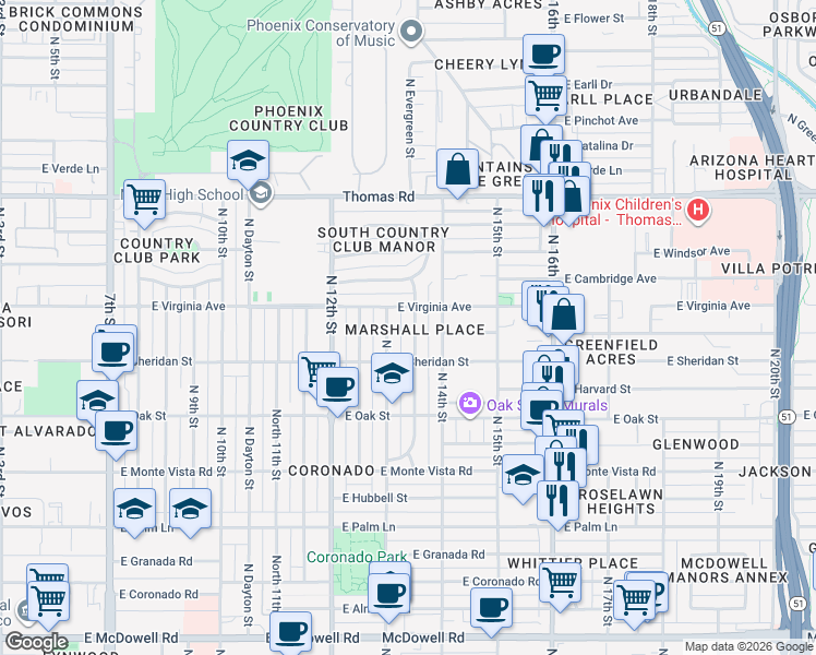 map of restaurants, bars, coffee shops, grocery stores, and more near 2513 North Evergreen Street in Phoenix