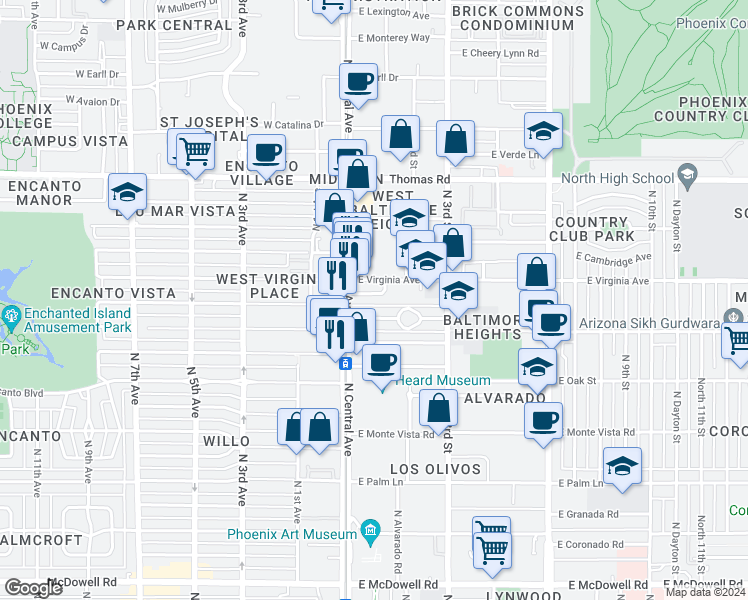 map of restaurants, bars, coffee shops, grocery stores, and more near 26 East Ashland Avenue in Phoenix