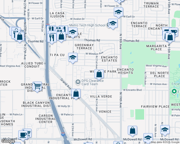 map of restaurants, bars, coffee shops, grocery stores, and more near 2133 West Wilshire Drive in Phoenix