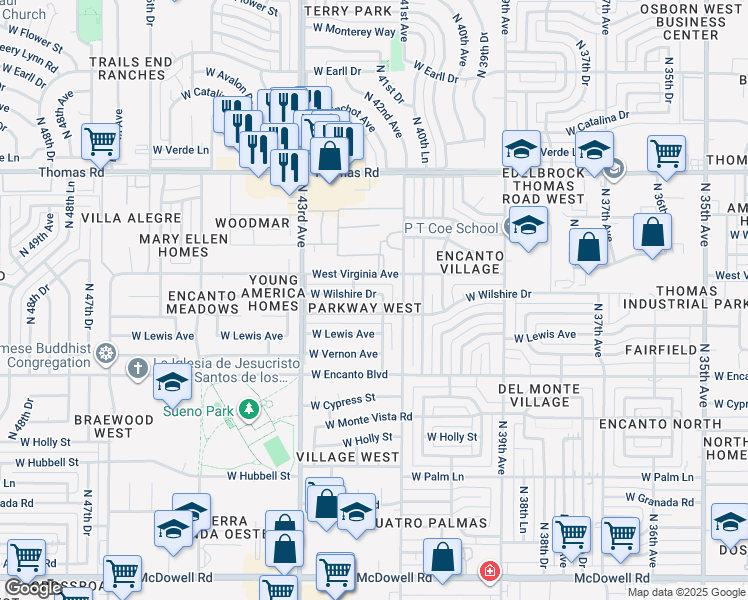 map of restaurants, bars, coffee shops, grocery stores, and more near 4138 West Sheridan Street in Phoenix