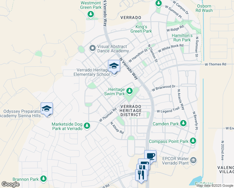 map of restaurants, bars, coffee shops, grocery stores, and more near 2632 North Heritage Street in Buckeye