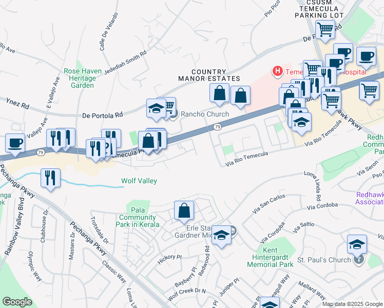 map of restaurants, bars, coffee shops, grocery stores, and more near 44792 Adam Lane in Temecula