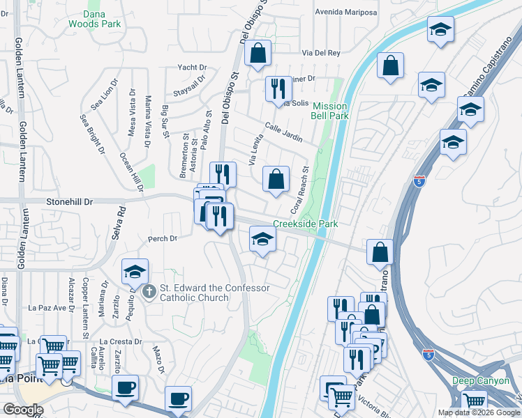 map of restaurants, bars, coffee shops, grocery stores, and more near 25652 Eastwind Drive in Dana Point