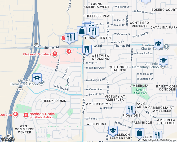 map of restaurants, bars, coffee shops, grocery stores, and more near 9026 West Cambridge Avenue in Phoenix