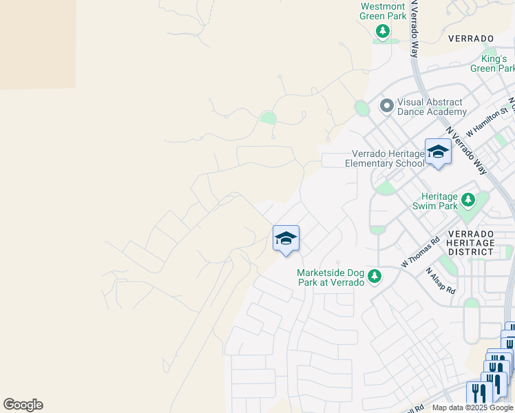 map of restaurants, bars, coffee shops, grocery stores, and more near 2635 North Sienna Hills Parkway in Buckeye
