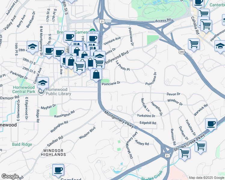 map of restaurants, bars, coffee shops, grocery stores, and more near 2028 Lancaster Road in Homewood