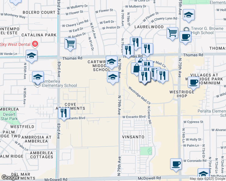 map of restaurants, bars, coffee shops, grocery stores, and more near 2550 North 79th Avenue in Phoenix