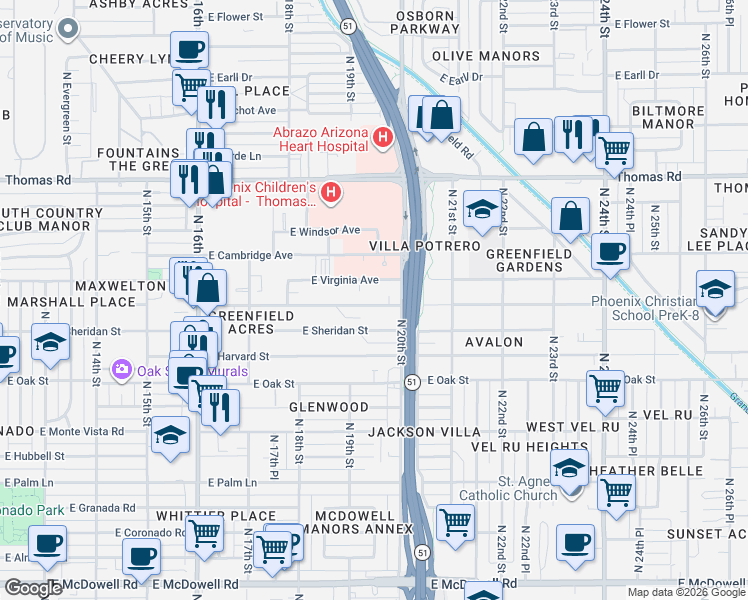 map of restaurants, bars, coffee shops, grocery stores, and more near 1935 East Yale Street in Phoenix