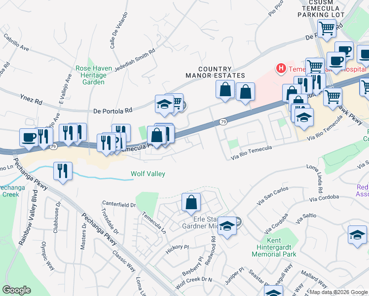 map of restaurants, bars, coffee shops, grocery stores, and more near 31256 Taylor Lane in Temecula