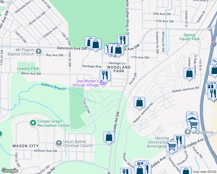 map of restaurants, bars, coffee shops, grocery stores, and more near 911 Nassau Avenue Southwest in Birmingham