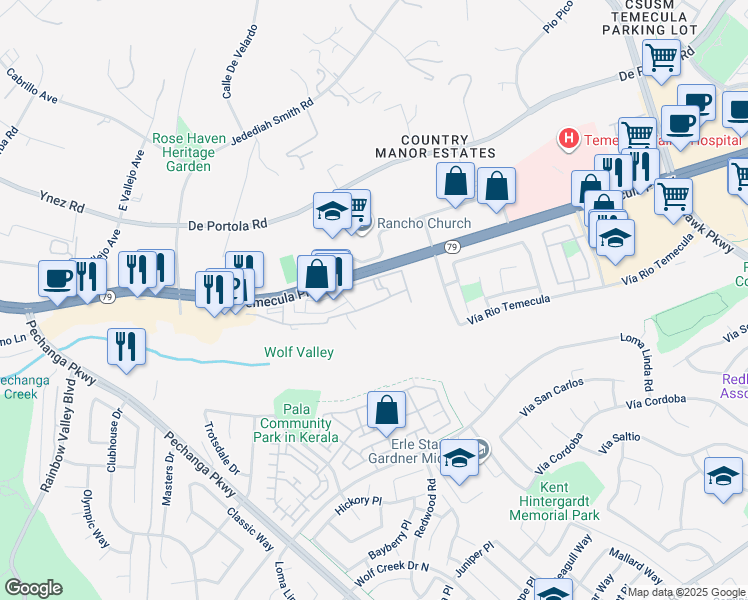 map of restaurants, bars, coffee shops, grocery stores, and more near 31264 Taylor Lane in Temecula