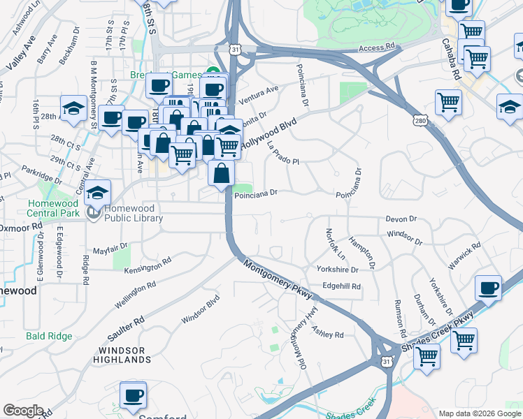 map of restaurants, bars, coffee shops, grocery stores, and more near 2028 Lancaster Road in Homewood