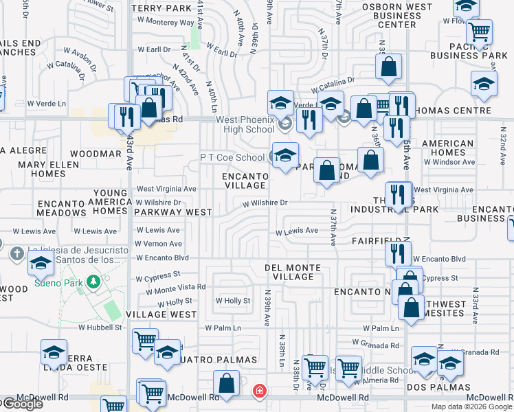 map of restaurants, bars, coffee shops, grocery stores, and more near 2525 North 39th Avenue in Phoenix
