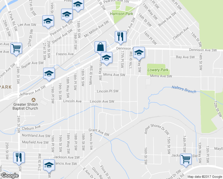 map of restaurants, bars, coffee shops, grocery stores, and more near 1340 Elm Street Southwest in Birmingham