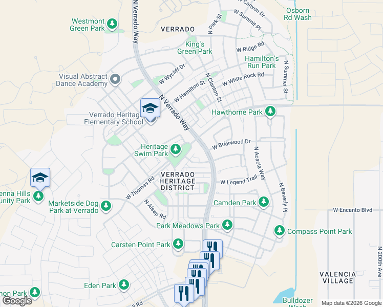 map of restaurants, bars, coffee shops, grocery stores, and more near 20715 West Thomas Road in Buckeye