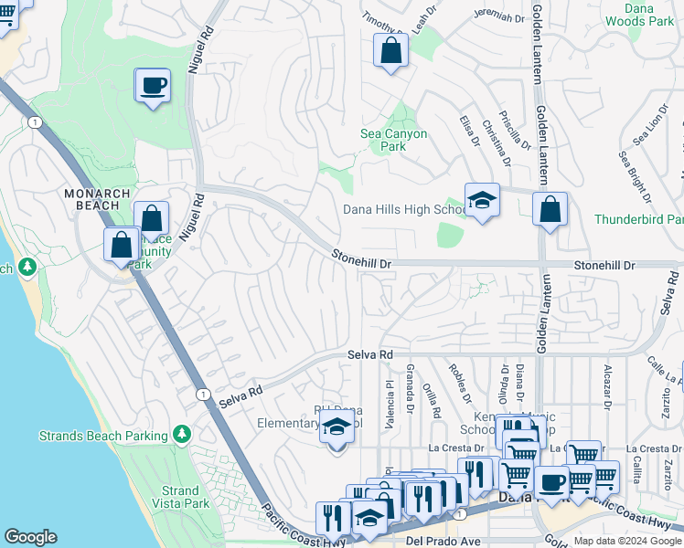map of restaurants, bars, coffee shops, grocery stores, and more near 33531 Marlinspike Drive in Dana Point
