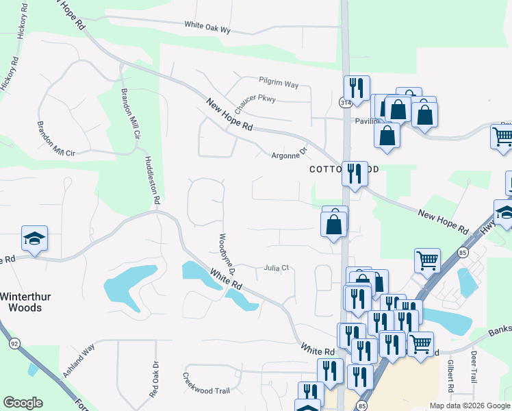 map of restaurants, bars, coffee shops, grocery stores, and more near 195 Winecoff Drive in Fayetteville