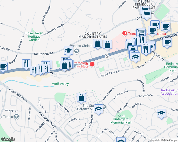 map of restaurants, bars, coffee shops, grocery stores, and more near 44774 Adam Lane in Temecula