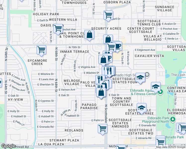 map of restaurants, bars, coffee shops, grocery stores, and more near 2424 North 71st Street in Scottsdale