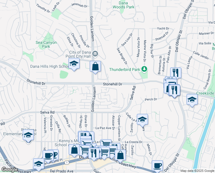 map of restaurants, bars, coffee shops, grocery stores, and more near 24901 Seagate Drive in Dana Point
