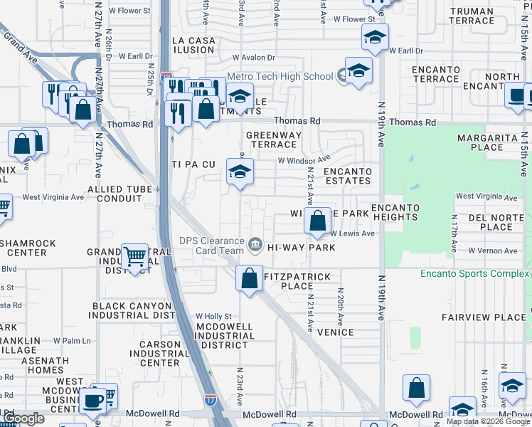 map of restaurants, bars, coffee shops, grocery stores, and more near 2513 North 22nd Drive in Phoenix