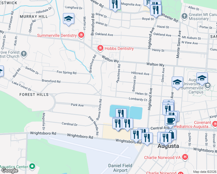 map of restaurants, bars, coffee shops, grocery stores, and more near 1221 Peachtree Road in Augusta