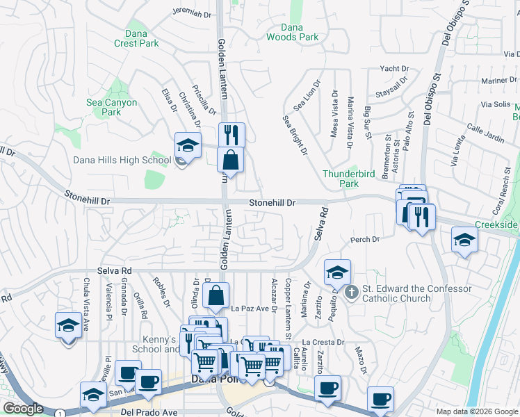 map of restaurants, bars, coffee shops, grocery stores, and more near 33546 Spin Drift Court in Dana Point