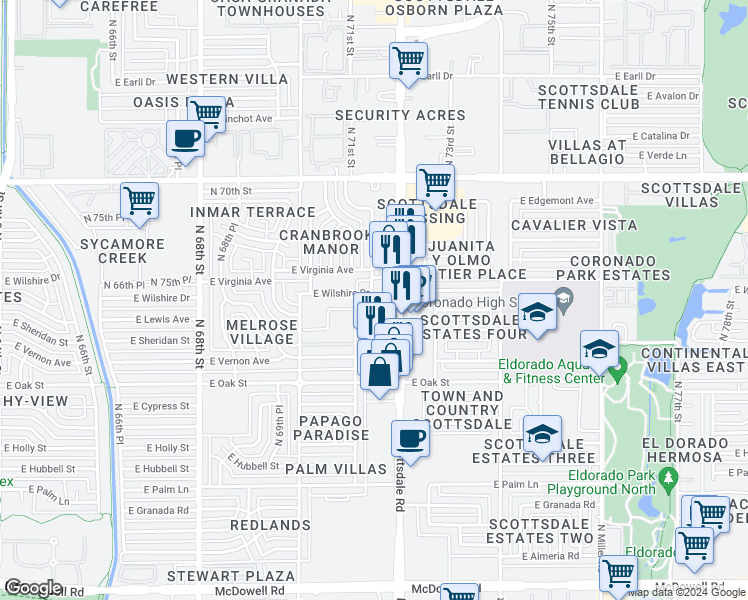 map of restaurants, bars, coffee shops, grocery stores, and more near 2428 North Scottsdale Road in Scottsdale