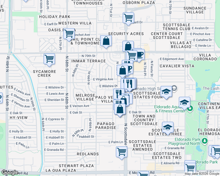 map of restaurants, bars, coffee shops, grocery stores, and more near 2424 North 71st Street in Scottsdale