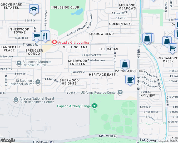 map of restaurants, bars, coffee shops, grocery stores, and more near 5925 East Wilshire Drive in Scottsdale