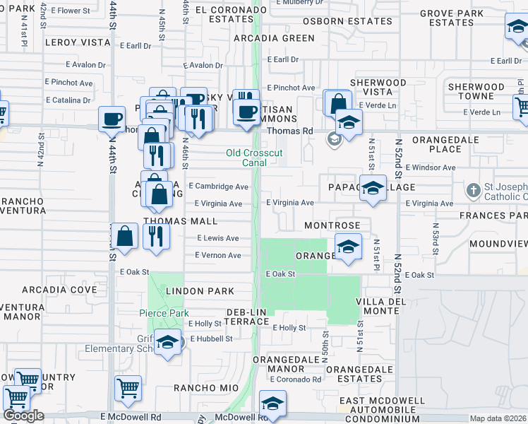 map of restaurants, bars, coffee shops, grocery stores, and more near 2515 North 48th Street in Phoenix