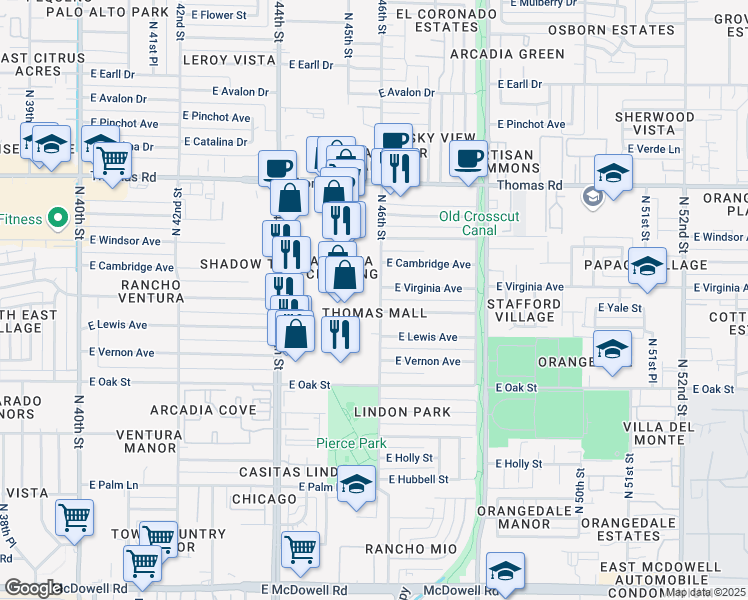 map of restaurants, bars, coffee shops, grocery stores, and more near 4601 East Wilshire Drive in Phoenix