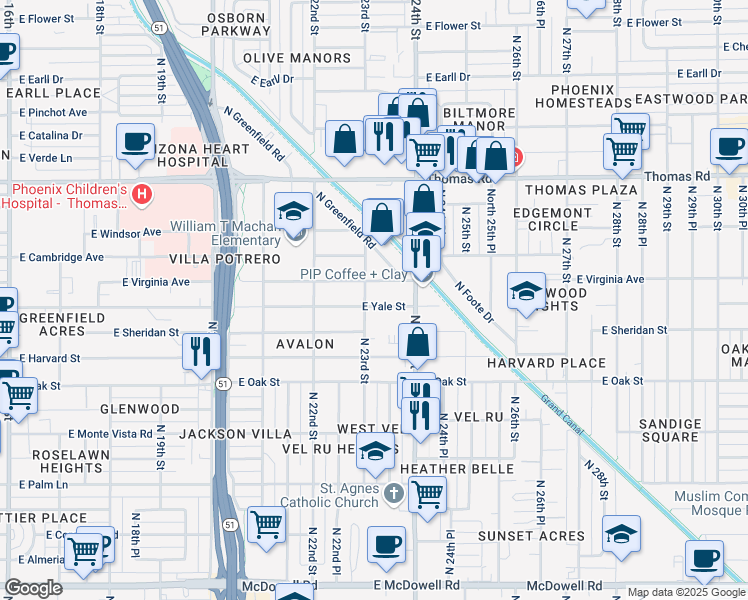 map of restaurants, bars, coffee shops, grocery stores, and more near 2305 East Yale Street in Phoenix