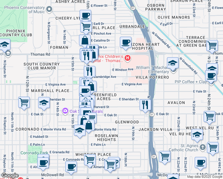 map of restaurants, bars, coffee shops, grocery stores, and more near 1733 East Yale Street in Phoenix