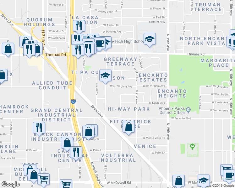 map of restaurants, bars, coffee shops, grocery stores, and more near 2528 North 22nd Avenue in Phoenix