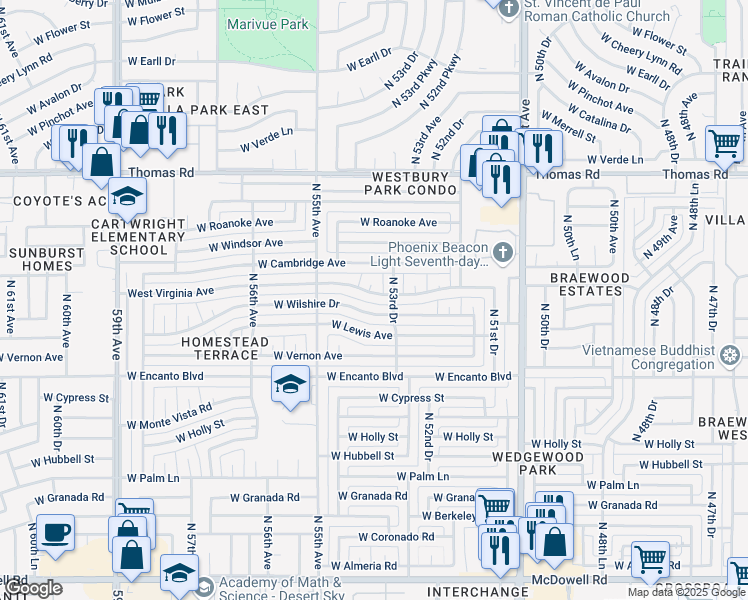 map of restaurants, bars, coffee shops, grocery stores, and more near 5415 West Wilshire Drive in Phoenix
