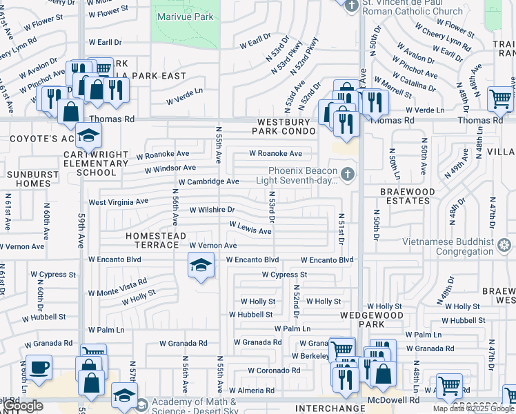 map of restaurants, bars, coffee shops, grocery stores, and more near 5415 West Wilshire Drive in Phoenix