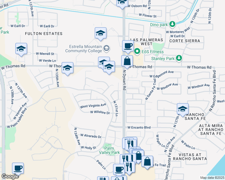 map of restaurants, bars, coffee shops, grocery stores, and more near 13179 West Windsor Avenue in Goodyear