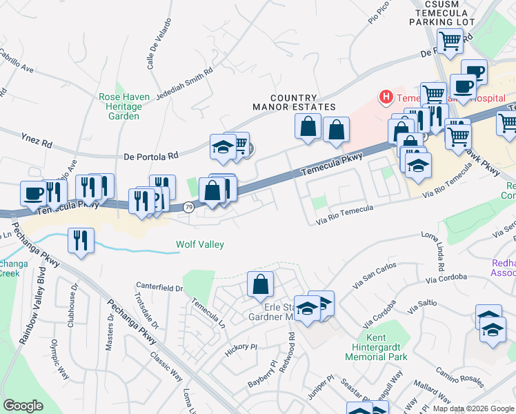 map of restaurants, bars, coffee shops, grocery stores, and more near 31283 Taylor Lane in Temecula