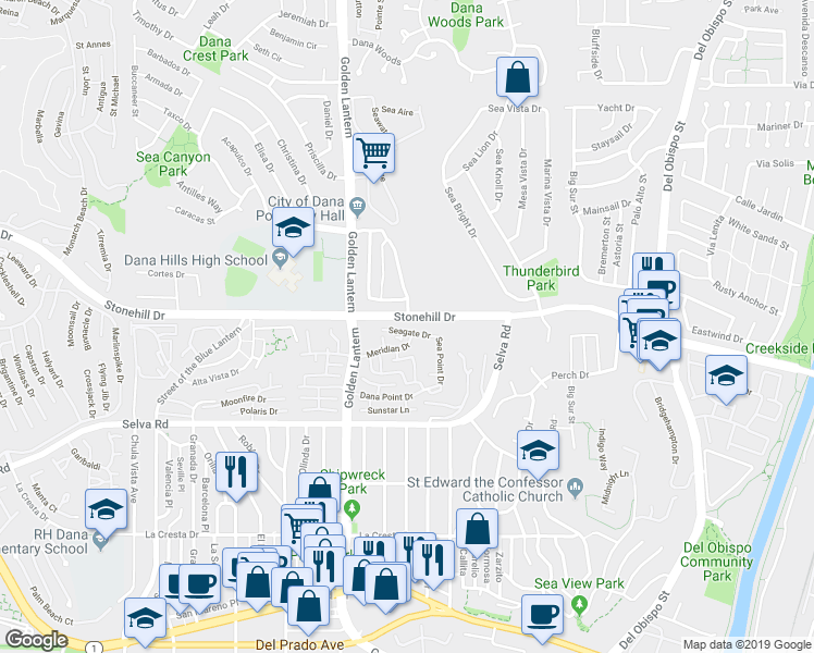 map of restaurants, bars, coffee shops, grocery stores, and more near 33546 Spin Drift Court in Dana Point