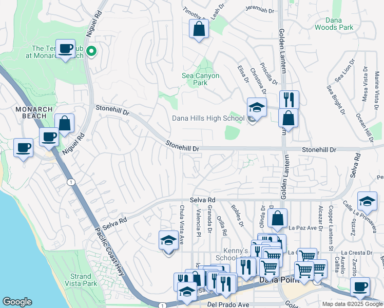 map of restaurants, bars, coffee shops, grocery stores, and more near 24098 Paseo Corona in Dana Point