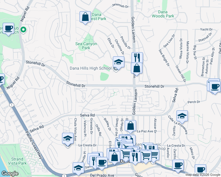 map of restaurants, bars, coffee shops, grocery stores, and more near 24622 Harbor View Drive in Dana Point