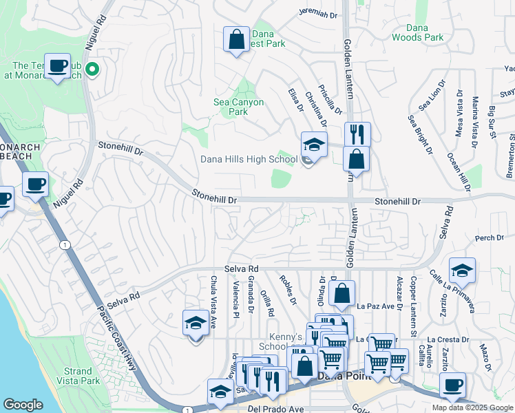 map of restaurants, bars, coffee shops, grocery stores, and more near 24451 Lantern Hill Drive in Dana Point